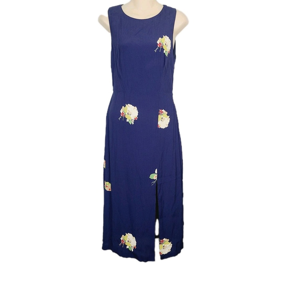 NEW Zara Midi Dress S Navy‎ Blue Floral Sleeveless Backless Slit Lightweight